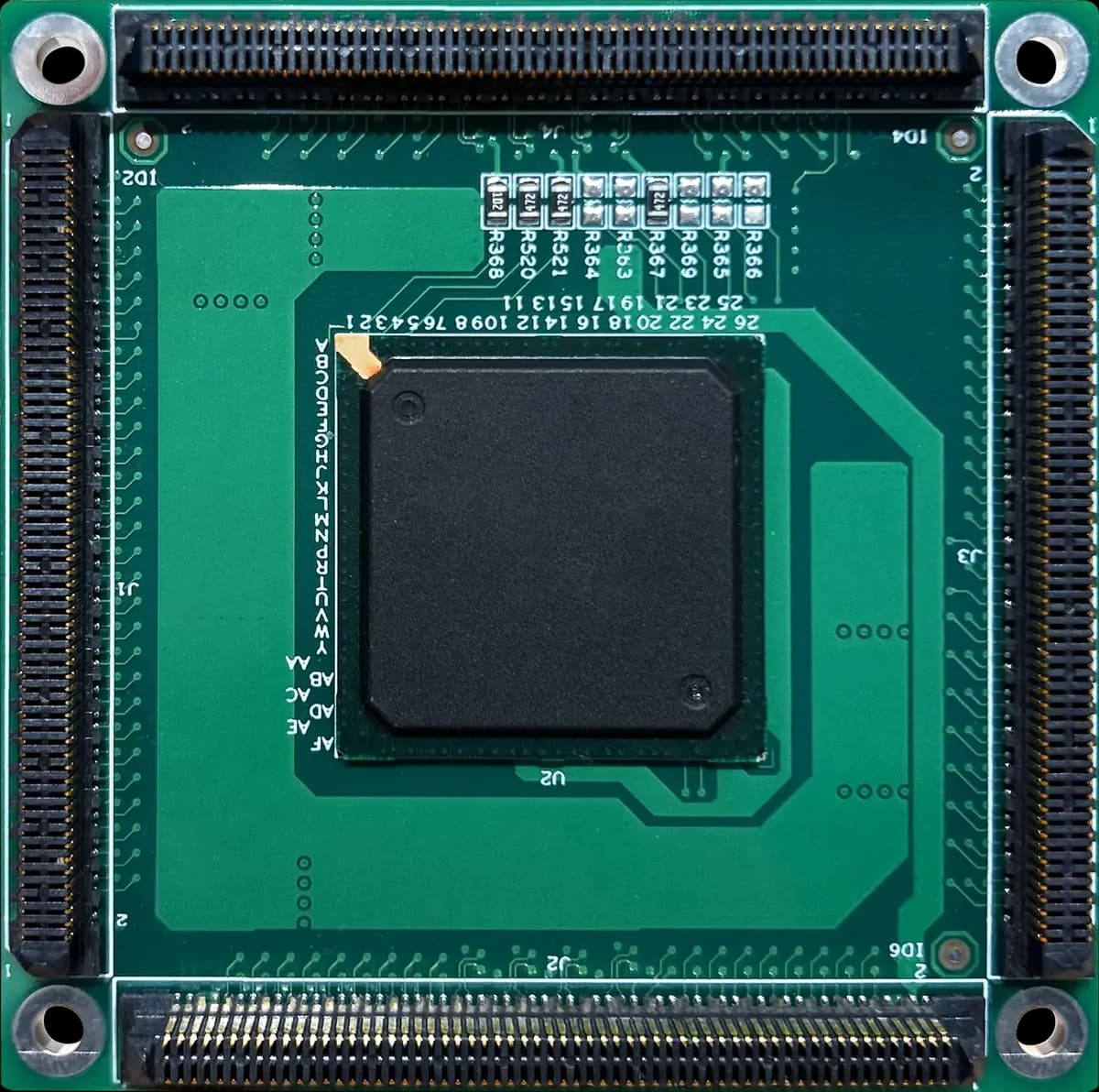 A square green board with a large FPGA in the centre and high-density connectors along all four edges