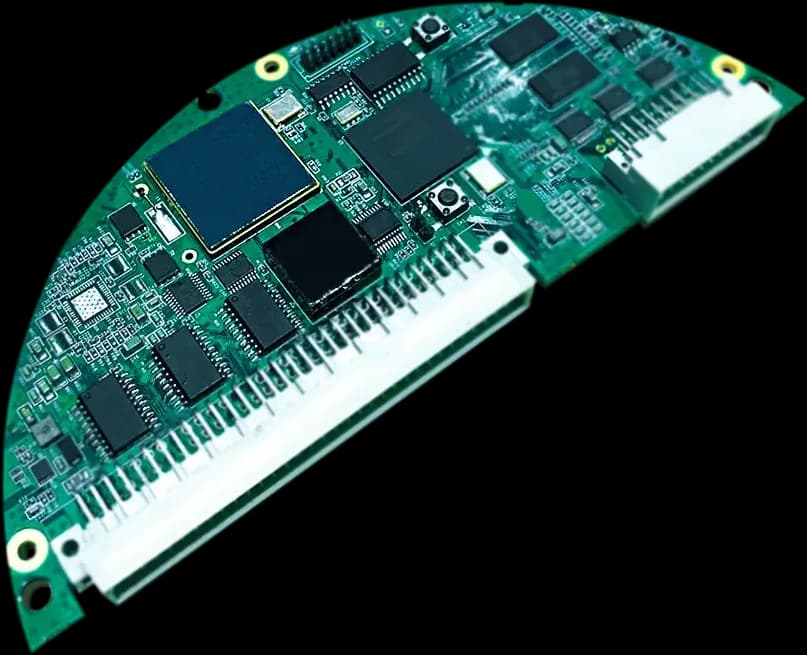 A half-round green control module with a long edge connector
